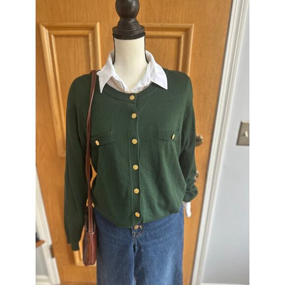 Vintage Sweaters - Vintage Women’s Green Cardigan Sweater Gold Button Knit Retro Preppy M